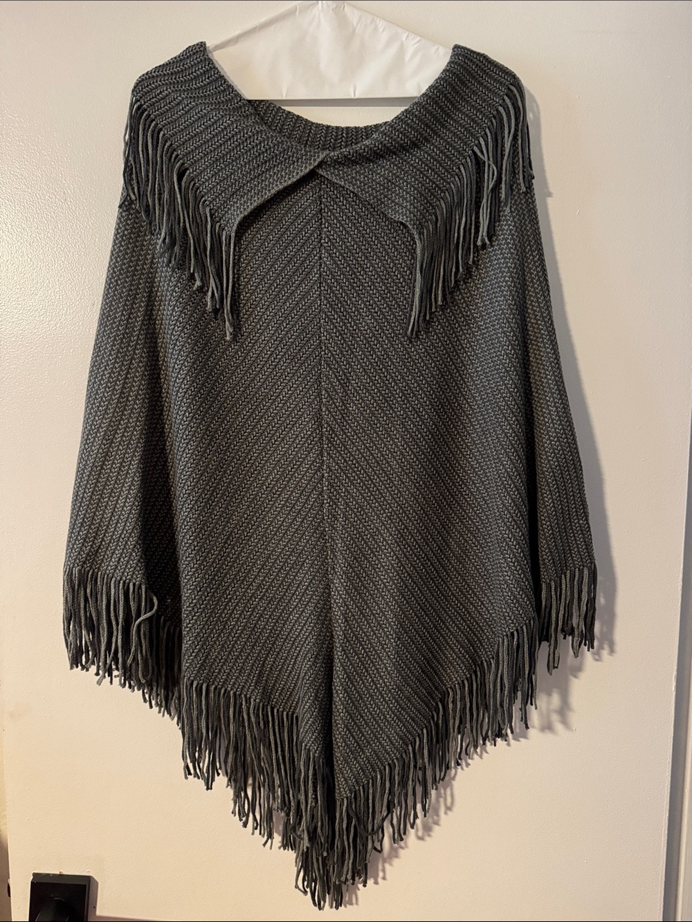 Fringed Knit Poncho in Charcoal Gray